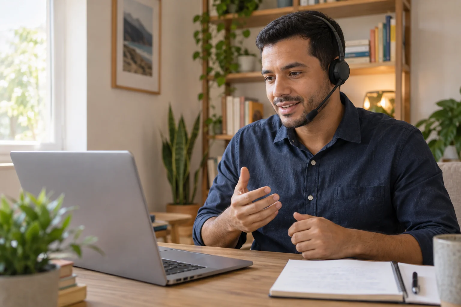 Homem com headset praticando uma conversa diante do computador.